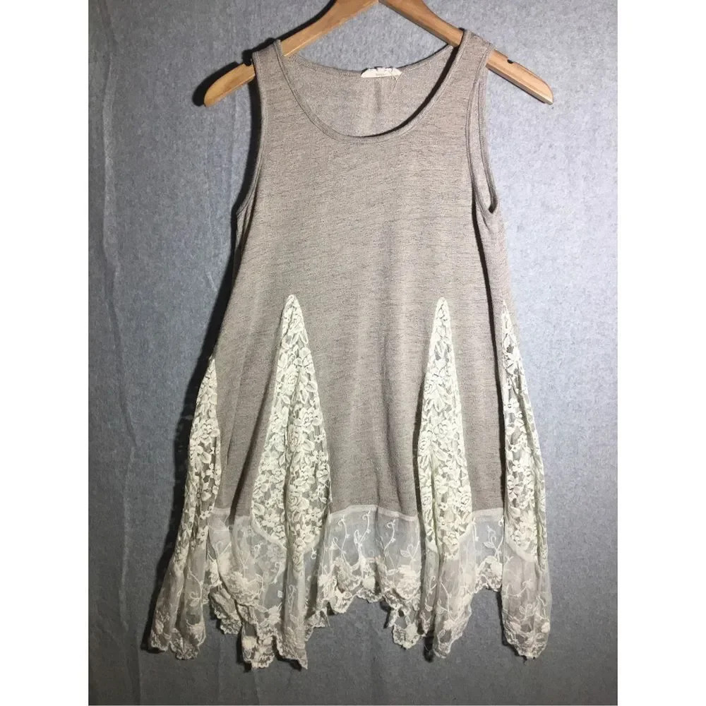 Womens Entro Blouse Long Line Asymmetric Hem Lace cutout Detailing Boho Feminine